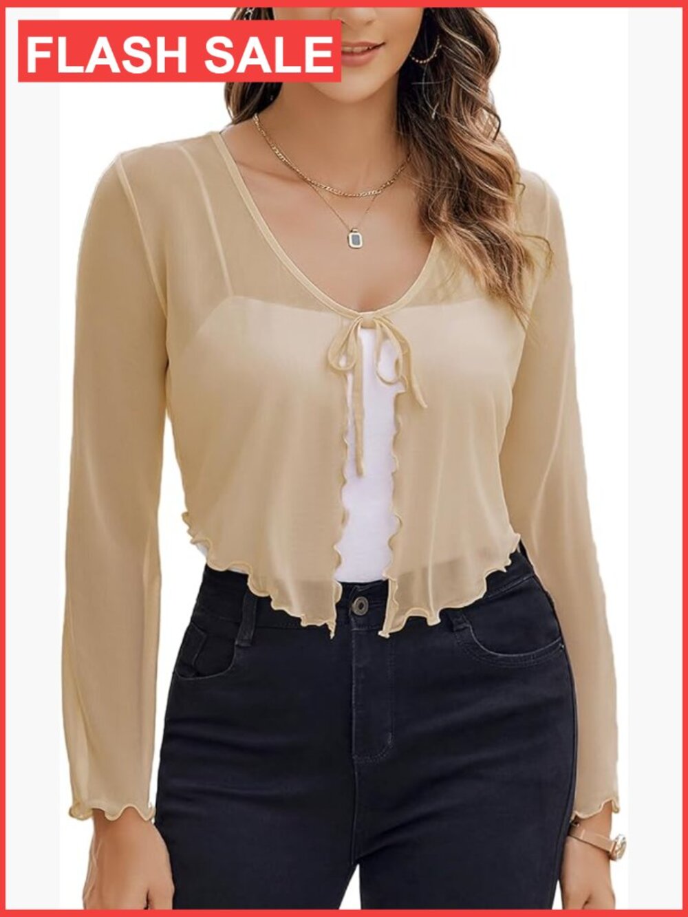 Sheer Mesh Bolero Shrug Tie Front Bell Sleeve Lightweight Summer Cardigan